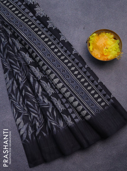 Jute cotton saree black with allover leaf prints and simple border