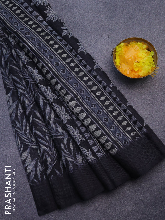 Jute cotton saree black with allover leaf prints and simple border