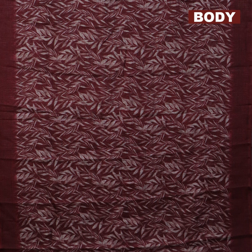 Jute cotton saree deep maroon with allover leaf prints and simple border