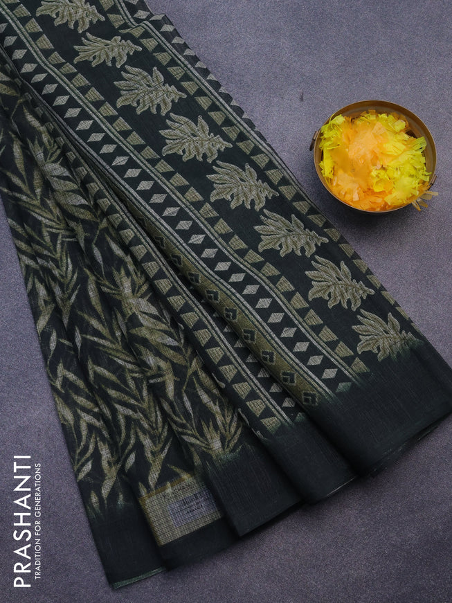 Jute cotton saree bottle green with allover leaf prints and simple border