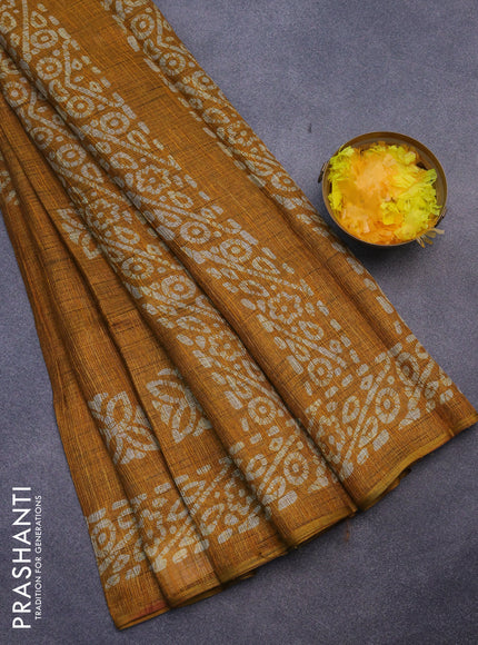 Jute cotton saree mustard yellow with batik butta prints and printed border