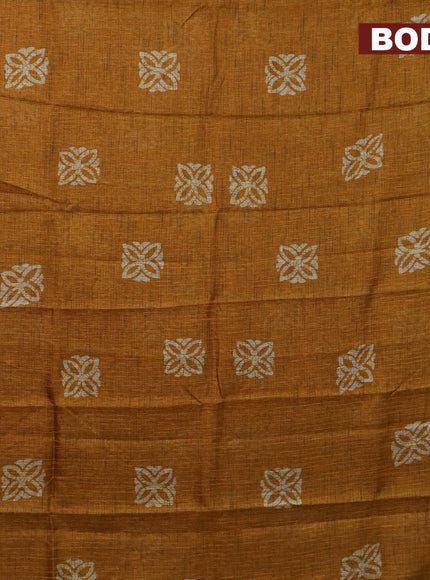 Jute cotton saree mustard yellow with batik butta prints and printed border