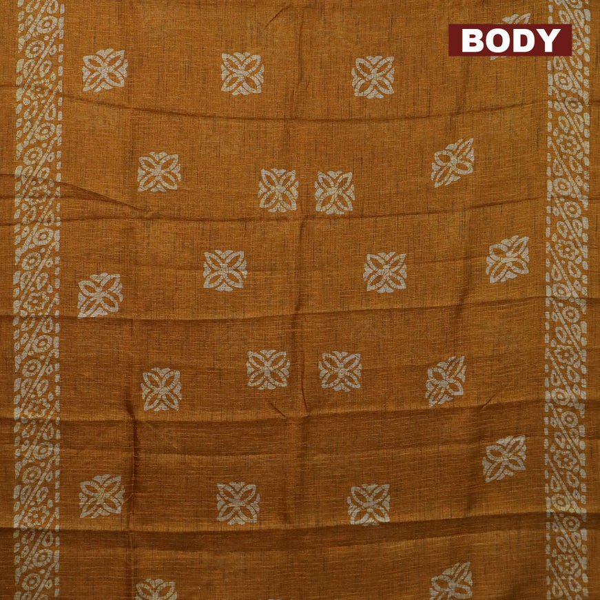 Jute cotton saree mustard yellow with batik butta prints and printed border