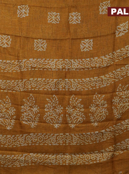 Jute cotton saree mustard yellow with batik butta prints and printed border