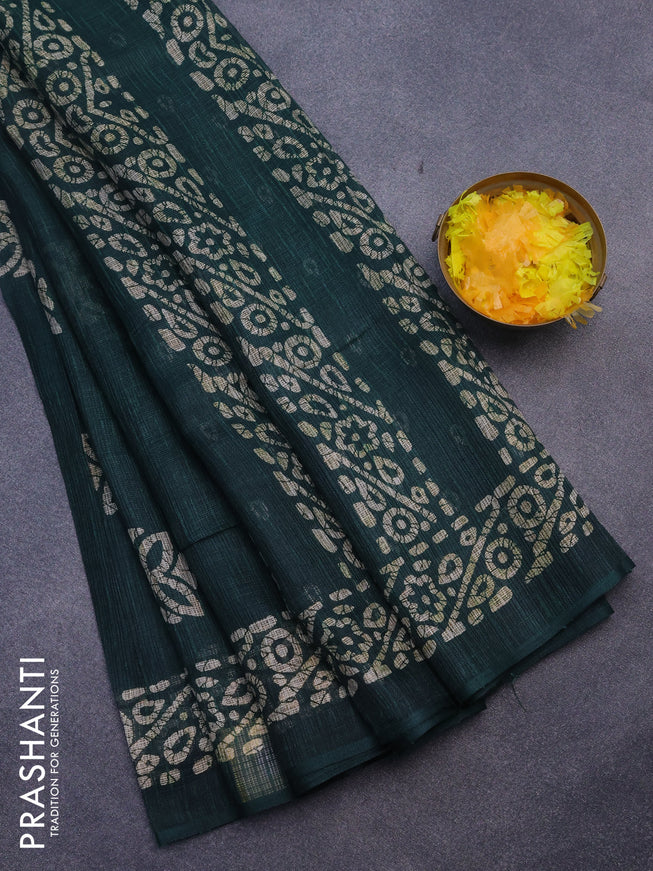 Jute cotton saree dark green with batik butta prints and printed border