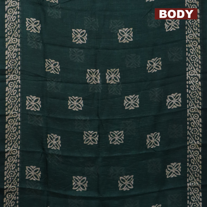 Jute cotton saree dark green with batik butta prints and printed border