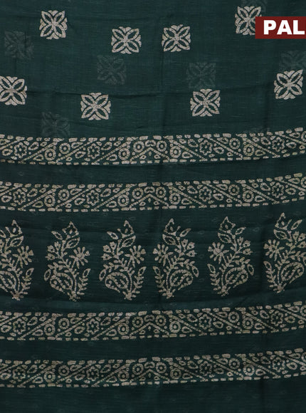 Jute cotton saree dark green with batik butta prints and printed border