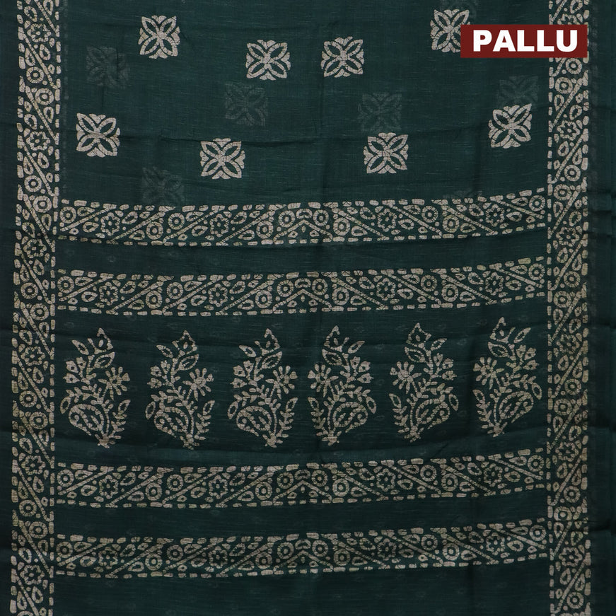 Jute cotton saree dark green with batik butta prints and printed border