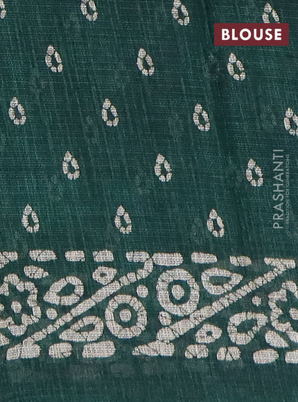 Jute cotton saree dark green with batik butta prints and printed border