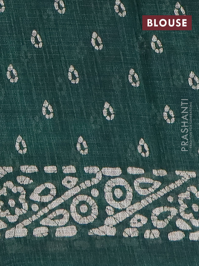 Jute cotton saree dark green with batik butta prints and printed border