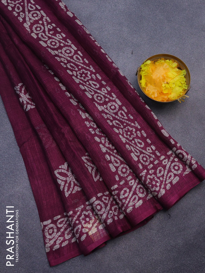 Jute cotton saree purple with batik butta prints and printed border