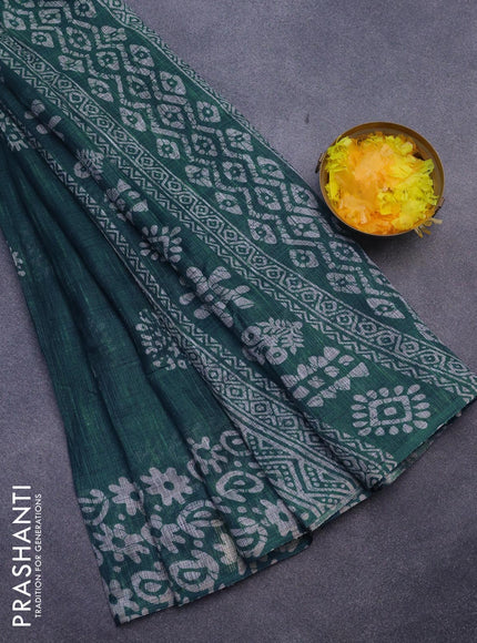 Jute cotton saree peacock blue with batik butta prints and printed border