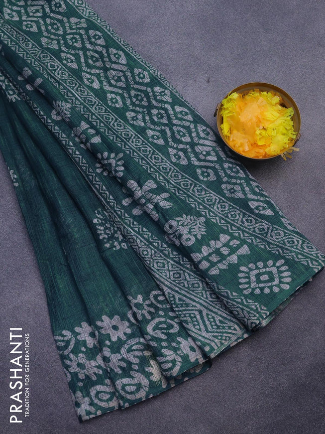 Jute cotton saree peacock blue with batik butta prints and printed border