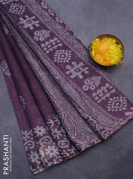 Jute cotton saree purple shade with batik butta prints and printed border