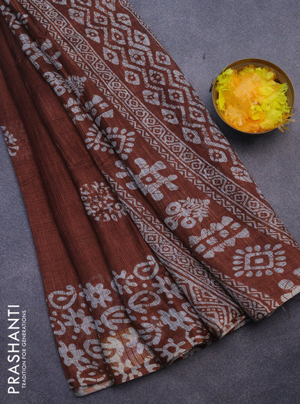 Jute cotton saree rust shade with batik butta prints and printed border