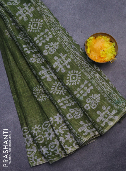 Jute cotton saree green with batik butta prints and printed border