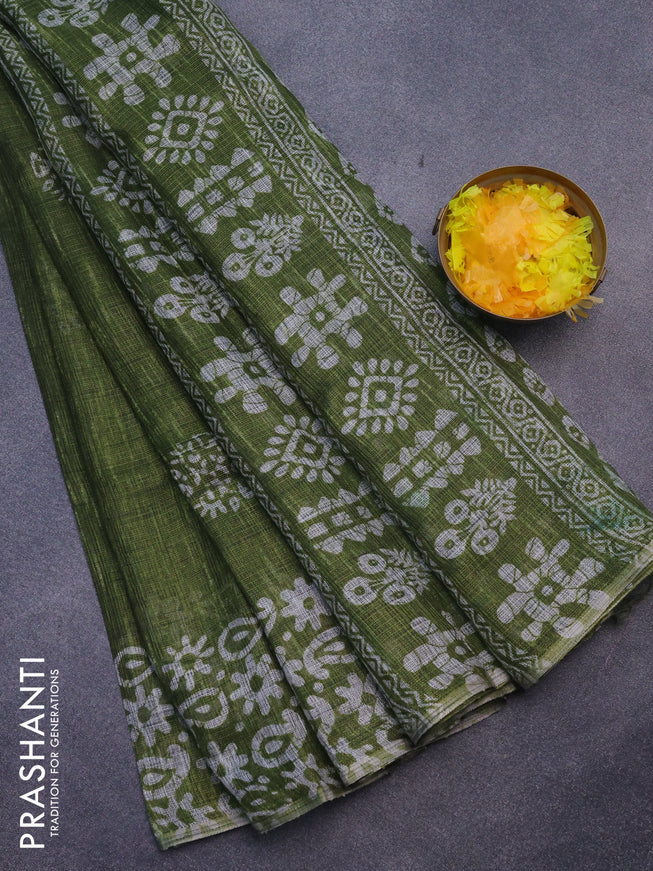 Jute cotton saree green with batik butta prints and printed border