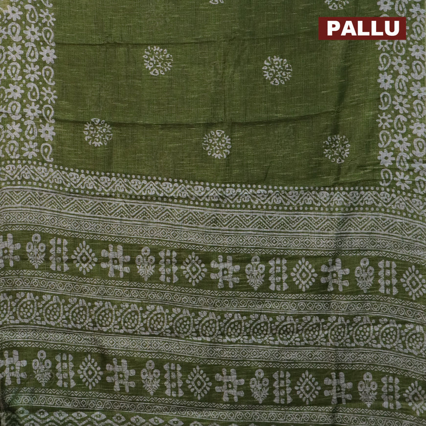 Jute cotton saree green with batik butta prints and printed border