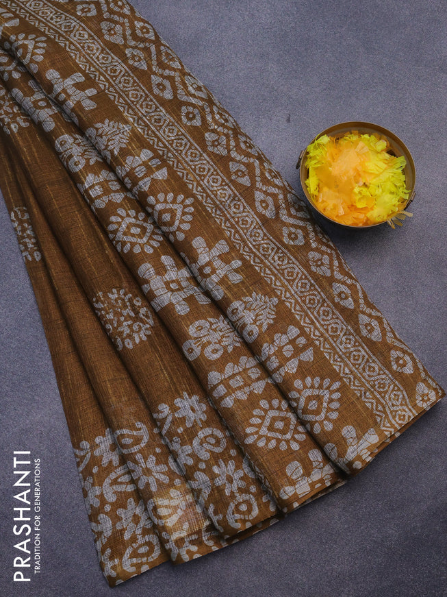 Jute cotton saree mustard yellow with batik butta prints and printed border