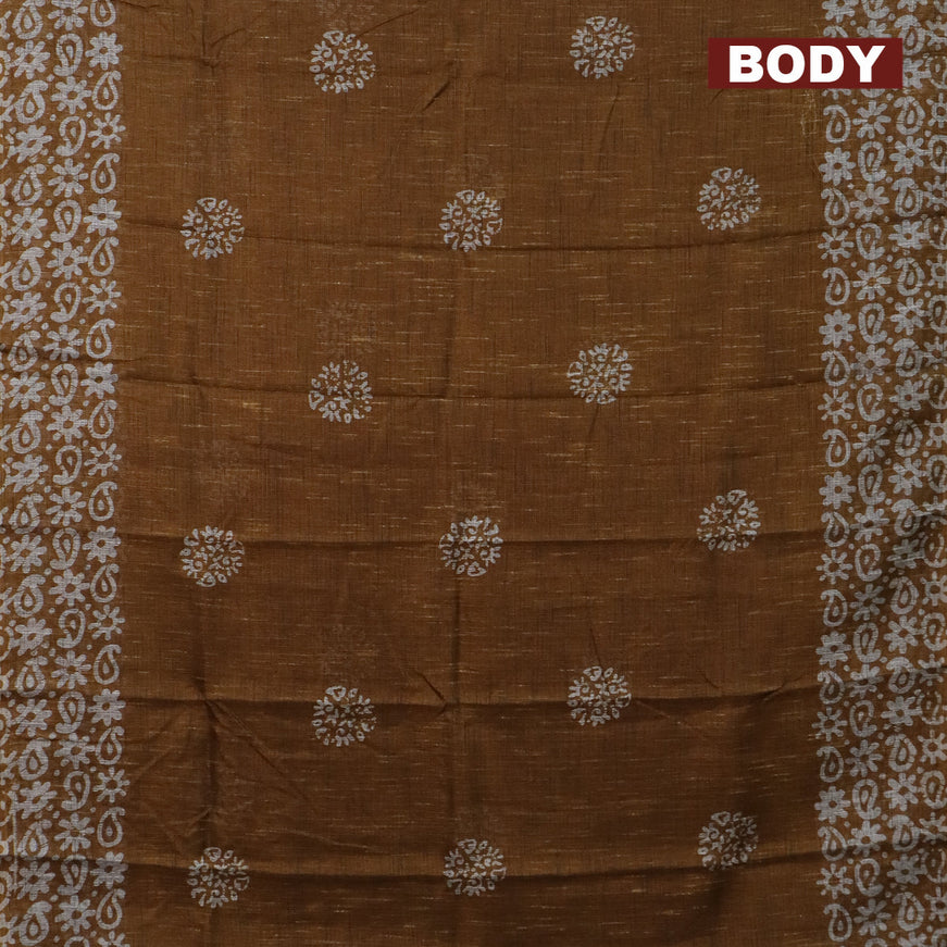 Jute cotton saree mustard yellow with batik butta prints and printed border