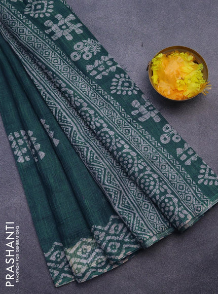 Jute cotton saree peacock green with batik butta prints and printed border