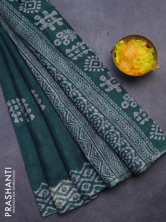 Jute cotton saree peacock green with batik butta prints and printed border