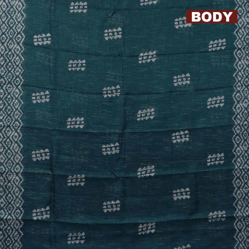 Jute cotton saree peacock green with batik butta prints and printed border