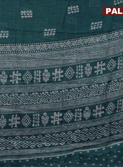 Jute cotton saree peacock green with batik butta prints and printed border