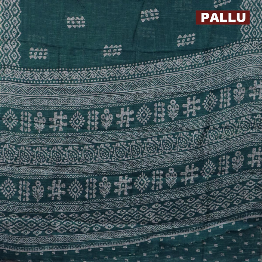 Jute cotton saree peacock green with batik butta prints and printed border