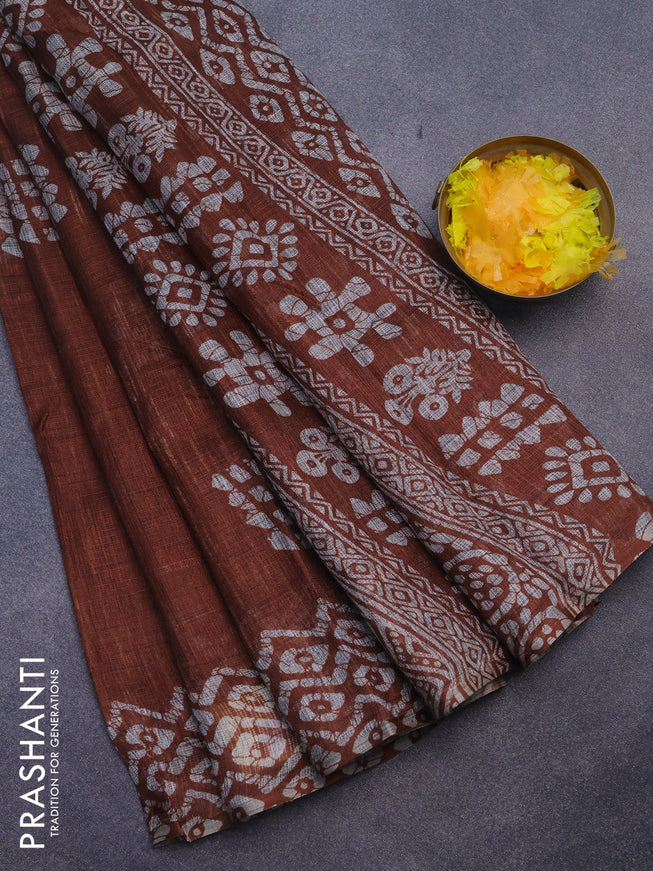 Jute cotton saree rust shade with batik butta prints and printed border