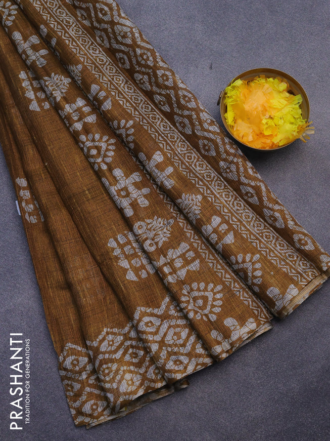 Jute cotton saree mustard yellow with batik butta prints and printed border