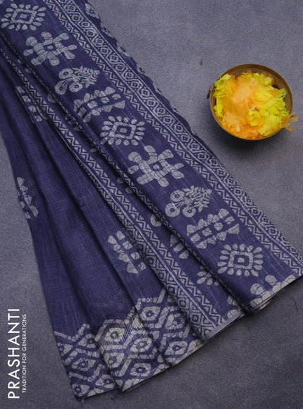 Jute cotton saree bluish grey with batik butta prints and printed border