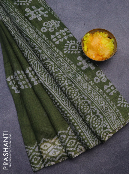 Jute cotton saree green with batik butta prints and printed border