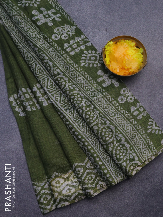 Jute cotton saree green with batik butta prints and printed border