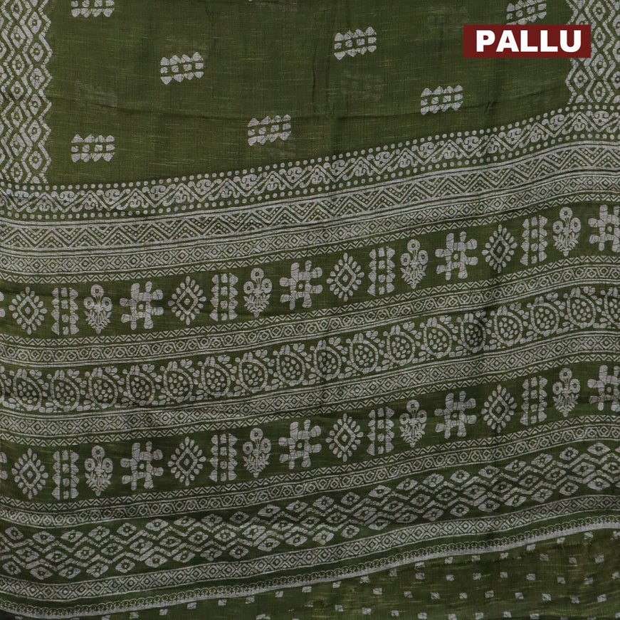 Jute cotton saree green with batik butta prints and printed border