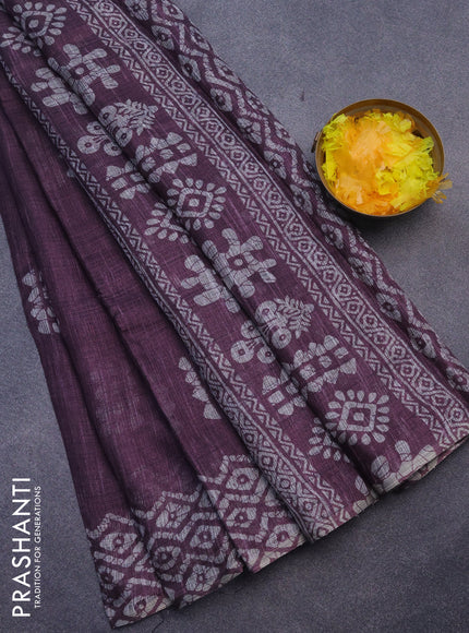 Jute cotton saree mild purple shade with batik butta prints and printed border