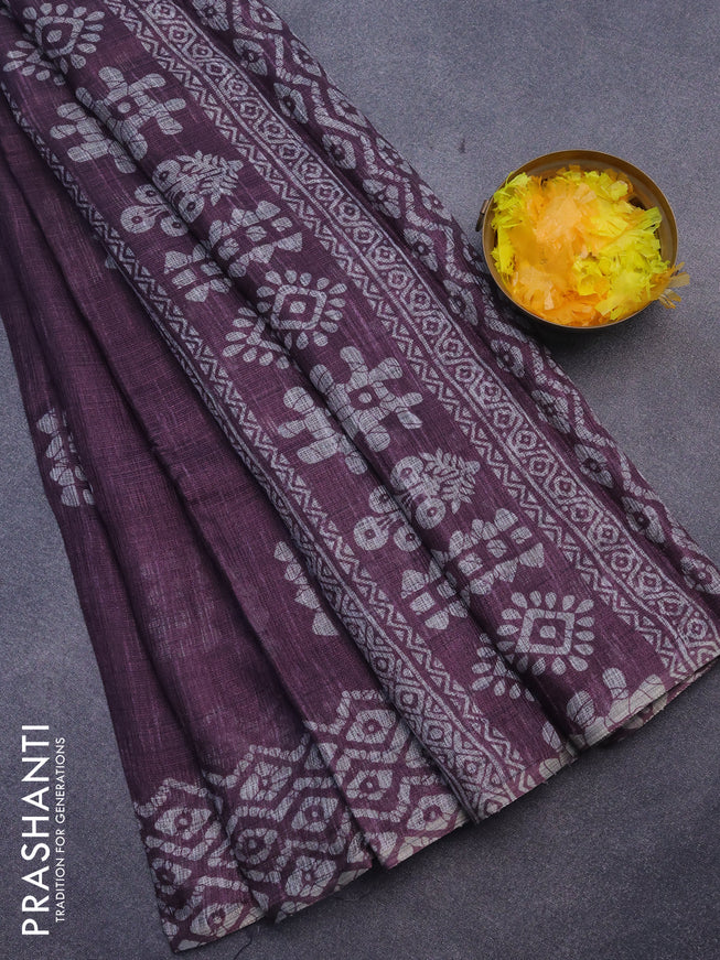 Jute cotton saree mild purple shade with batik butta prints and printed border