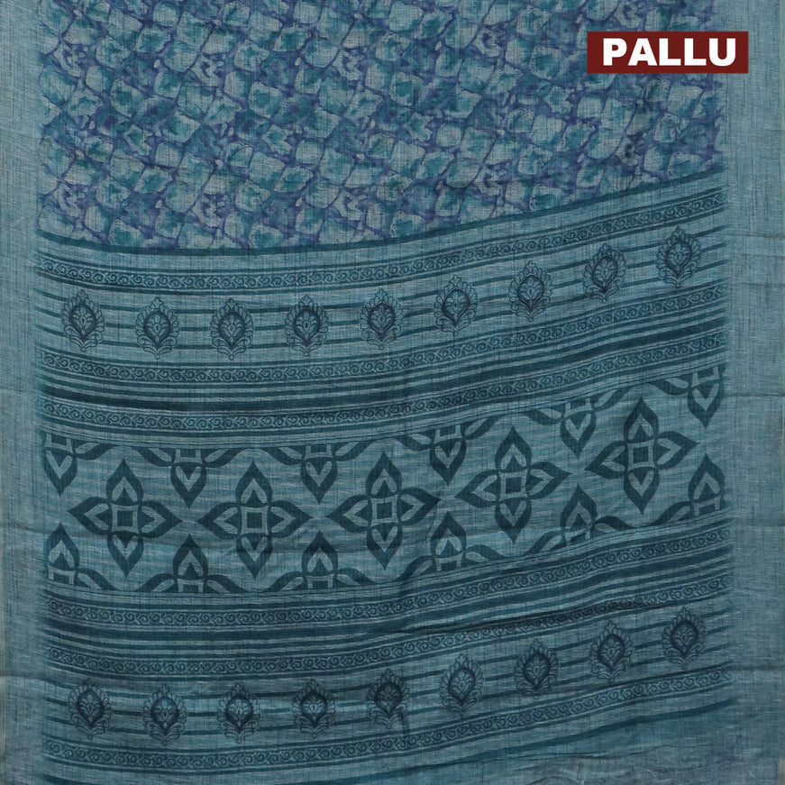 Jute cotton saree blue and teal blue with allover floral prints and simple border