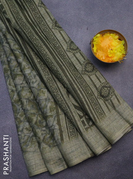 Jute cotton saree grey shade and sap green with allover floral prints and simple border