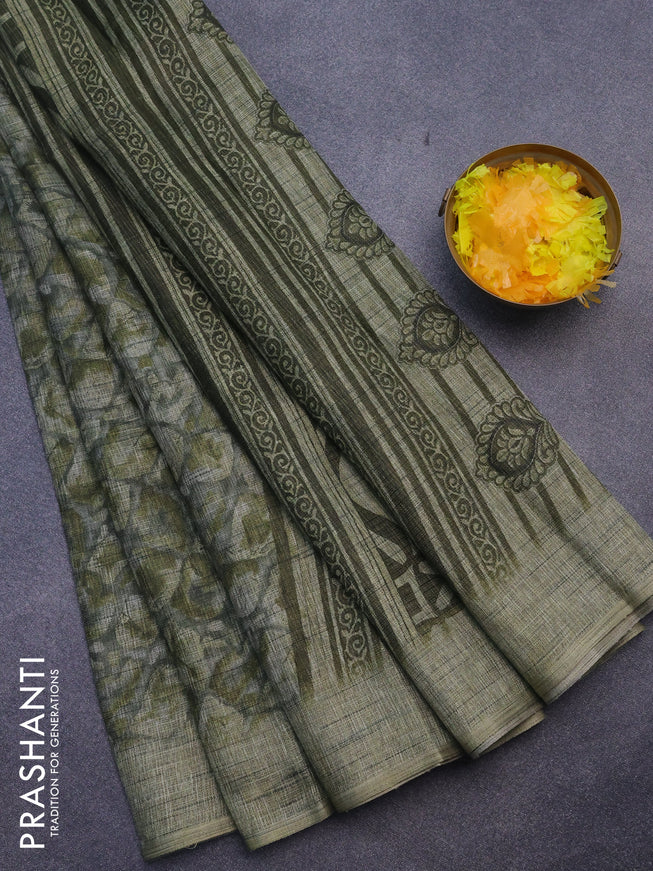 Jute cotton saree grey shade and sap green with allover floral prints and simple border