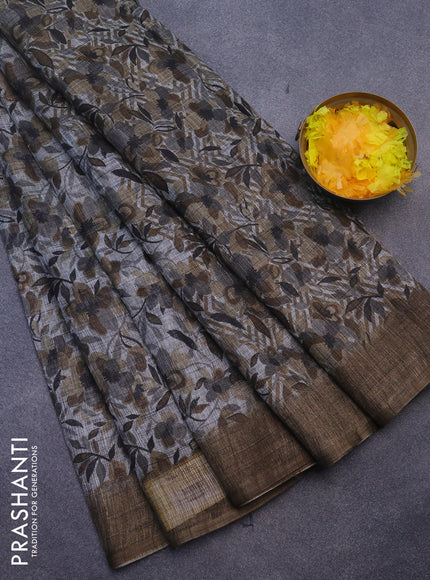 Jute cotton saree grey and chikku shade with allover floral prints and simple border