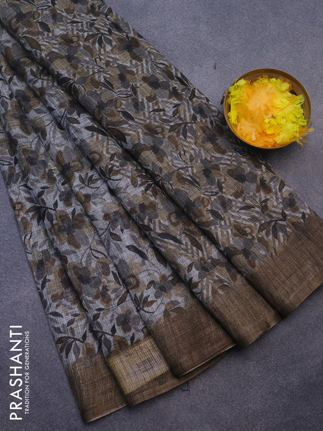 Jute cotton saree grey and chikku shade with allover floral prints and simple border