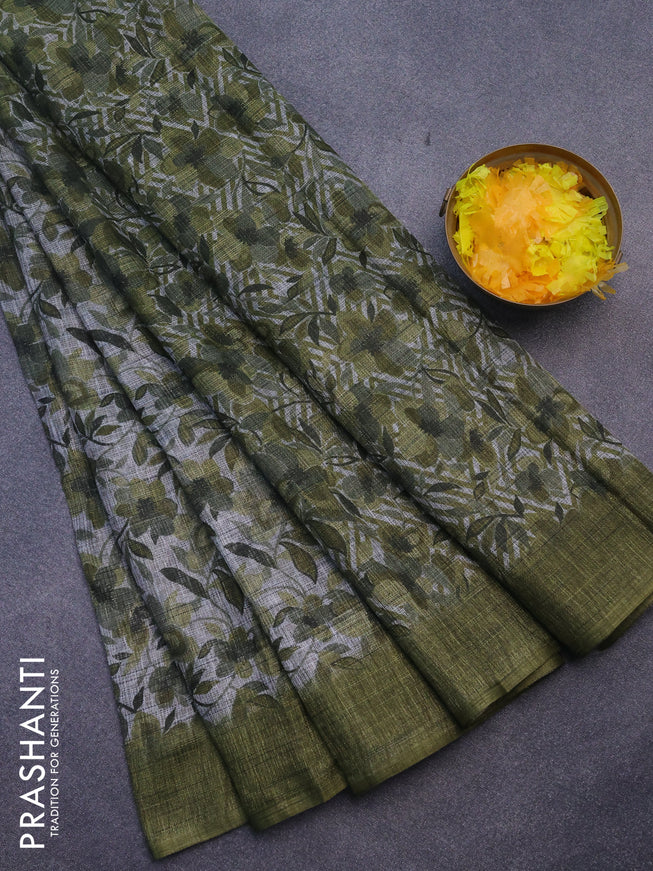 Jute cotton saree grey and mehendi green with allover floral prints and simple border