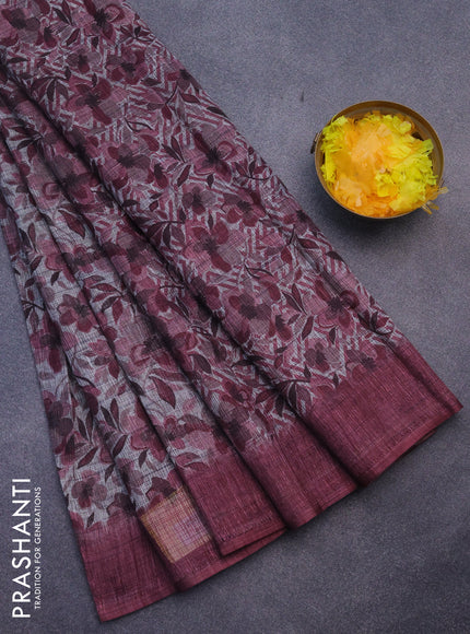 Jute cotton saree grey and maroon with allover floral prints and simple border