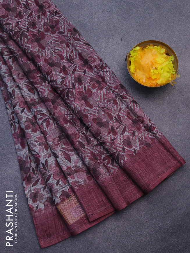 Jute cotton saree grey and maroon with allover floral prints and simple border