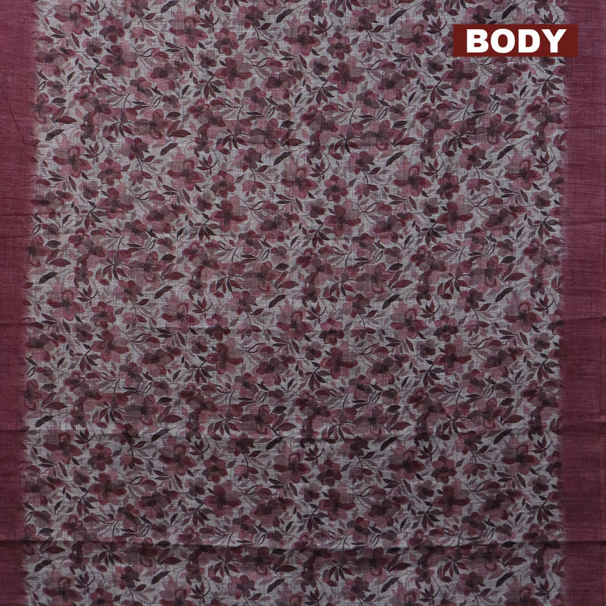 Jute cotton saree grey and maroon with allover floral prints and simple border