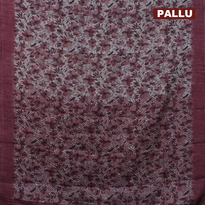 Jute cotton saree grey and maroon with allover floral prints and simple border