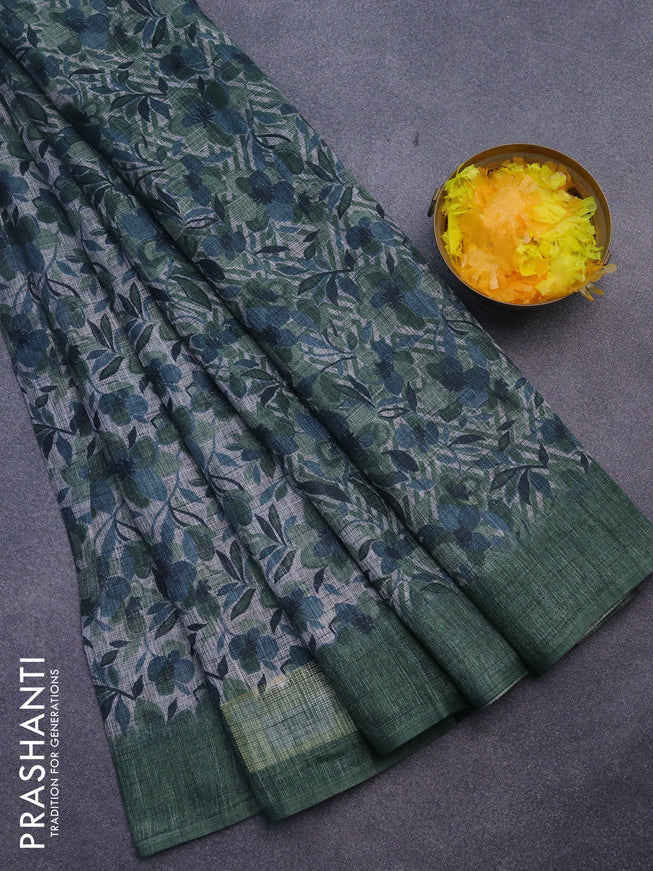 Jute cotton saree off white and green with allover floral prints and simple border