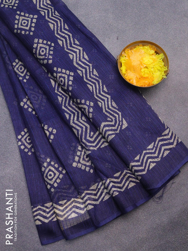 Jute cotton saree dark blue with butta prints and printed border