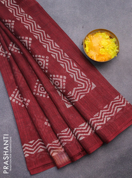 Jute cotton saree maroon with butta prints and printed border